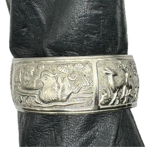 Tibetan Silver Bangle Cuff Bracelet with Peacocks, Love Birds and Deer Scenes - Picture 7 of 11